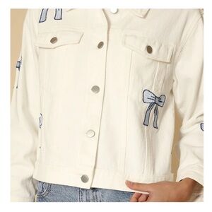 Women's White Denim Jacket with Blue Bow Accents